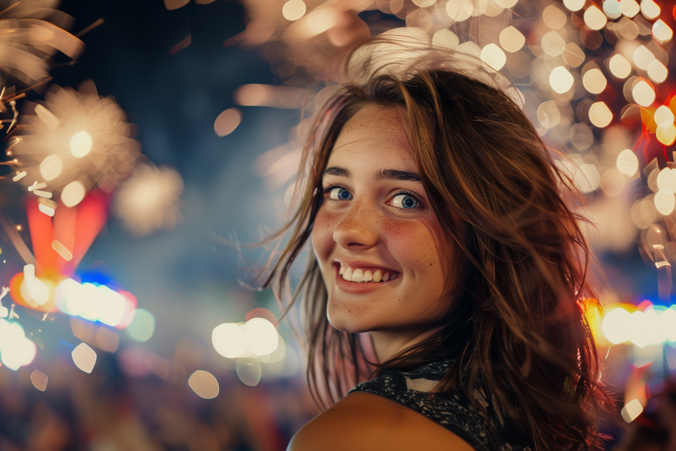 Image gratuite Jeune femme appréciant les feux d&rsquo;artifice du 14 juillet 4