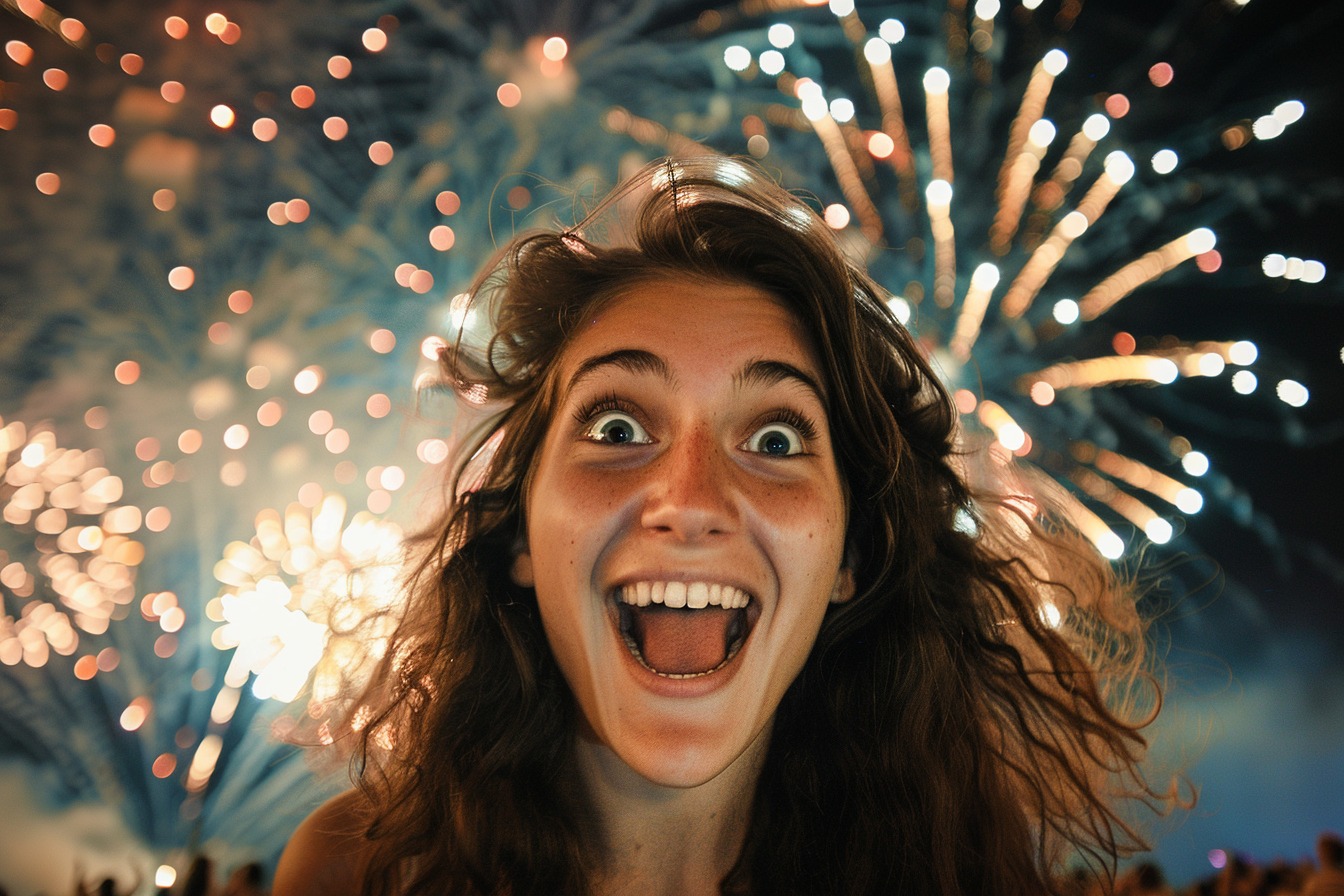 Image gratuite Jeune femme appréciant les feux d&rsquo;artifice du 14 juillet 5