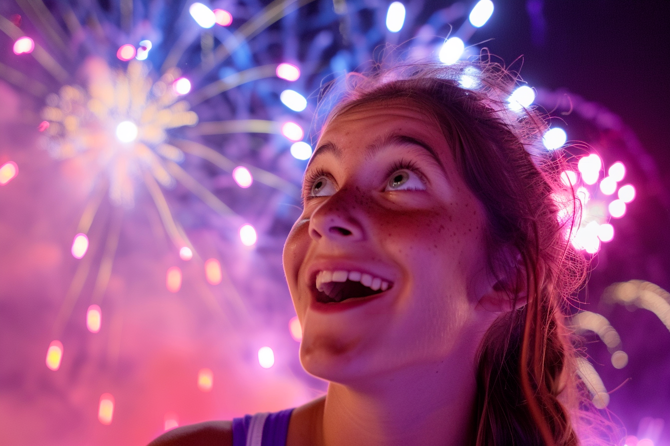 Image gratuite Jeune femme appréciant les feux d&rsquo;artifice du 14 juillet 6