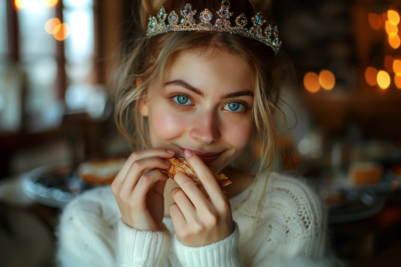 Image gratuite Jeune femme aux cheveux blonds savoure Galette des Rois 1