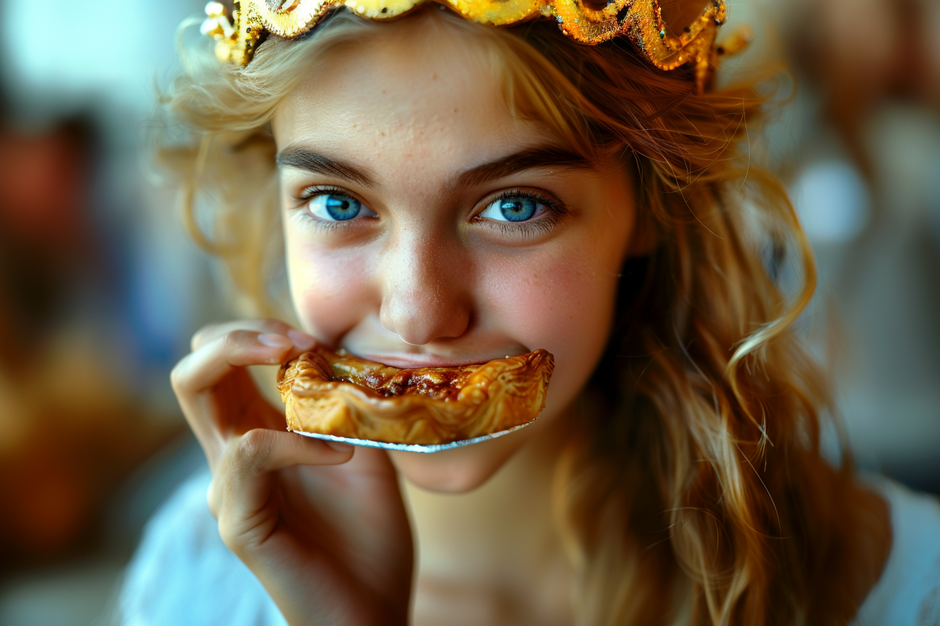 Image gratuite Jeune femme aux cheveux blonds savoure Galette des Rois 3