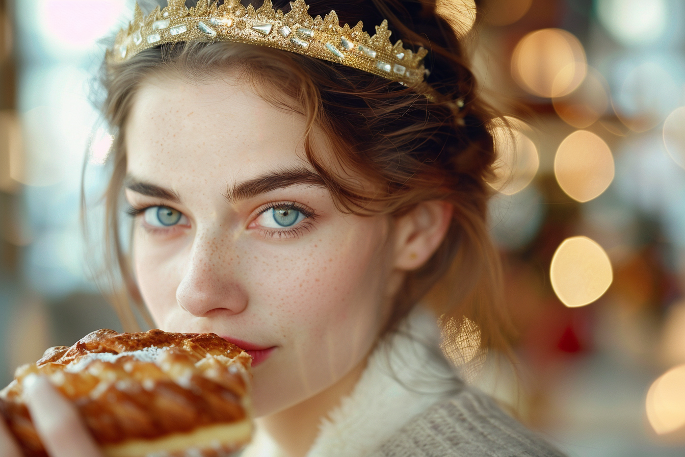 Image gratuite Jeune femme aux cheveux bruns déguste Galette des Rois 1