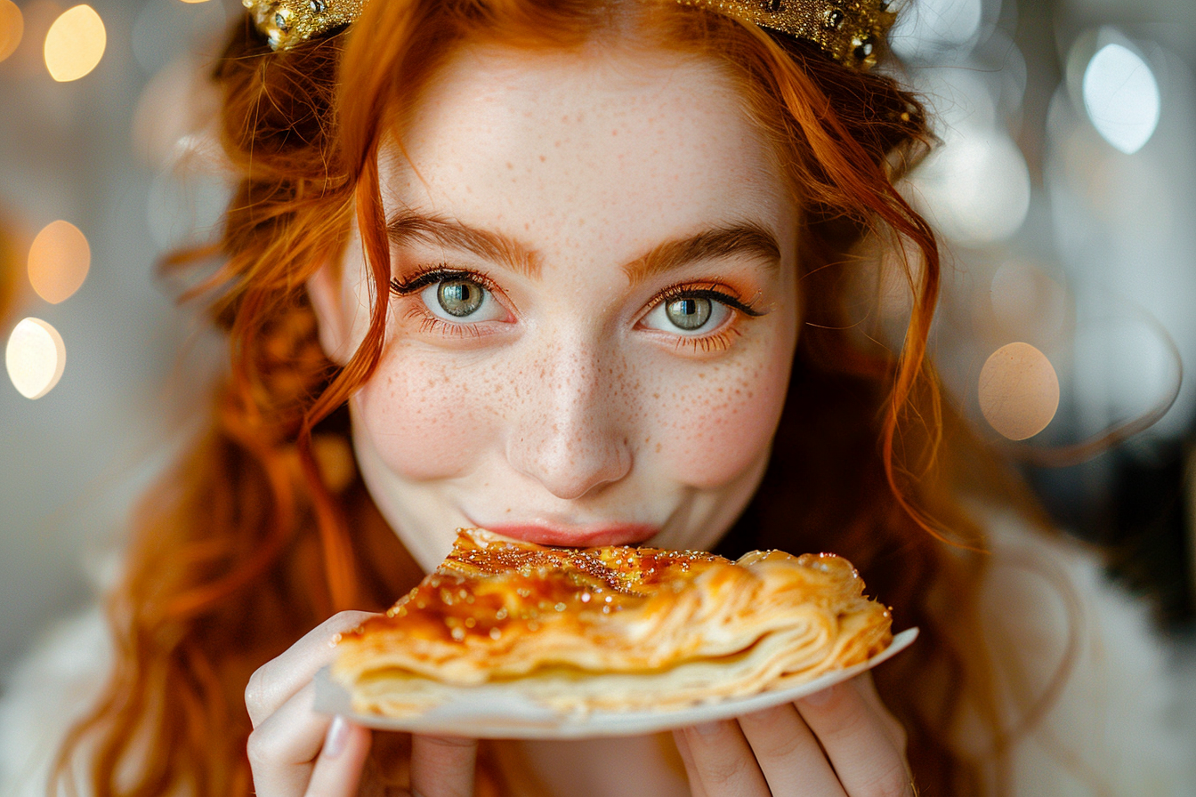 Image gratuite Jeune femme aux cheveux roux savoure Galette des Rois 2