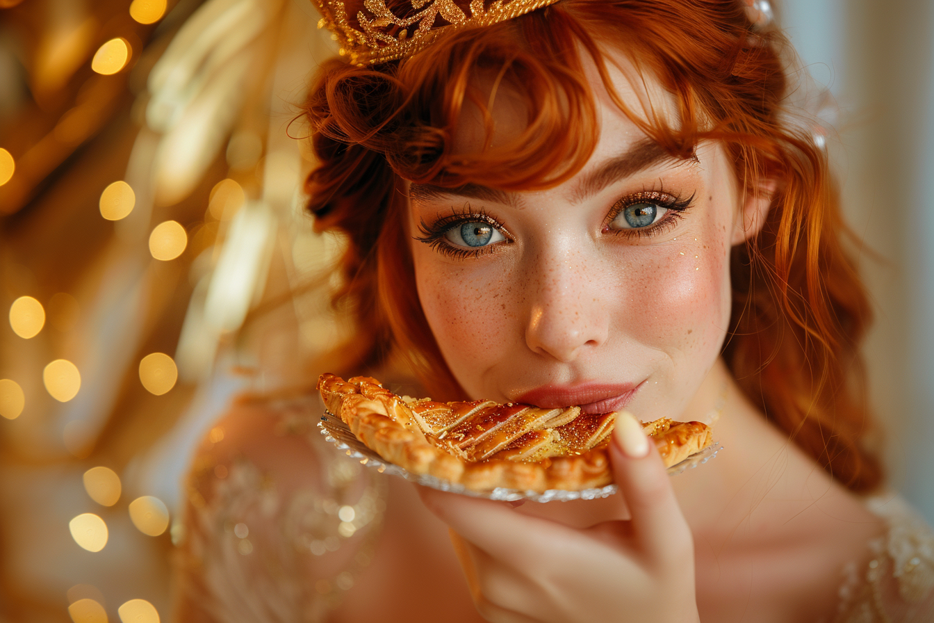 Image gratuite Jeune femme aux cheveux roux savoure Galette des Rois 3