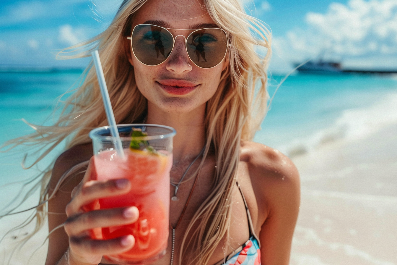 Image gratuite Jeune femme buvant un cocktail tropical sur la plage 1