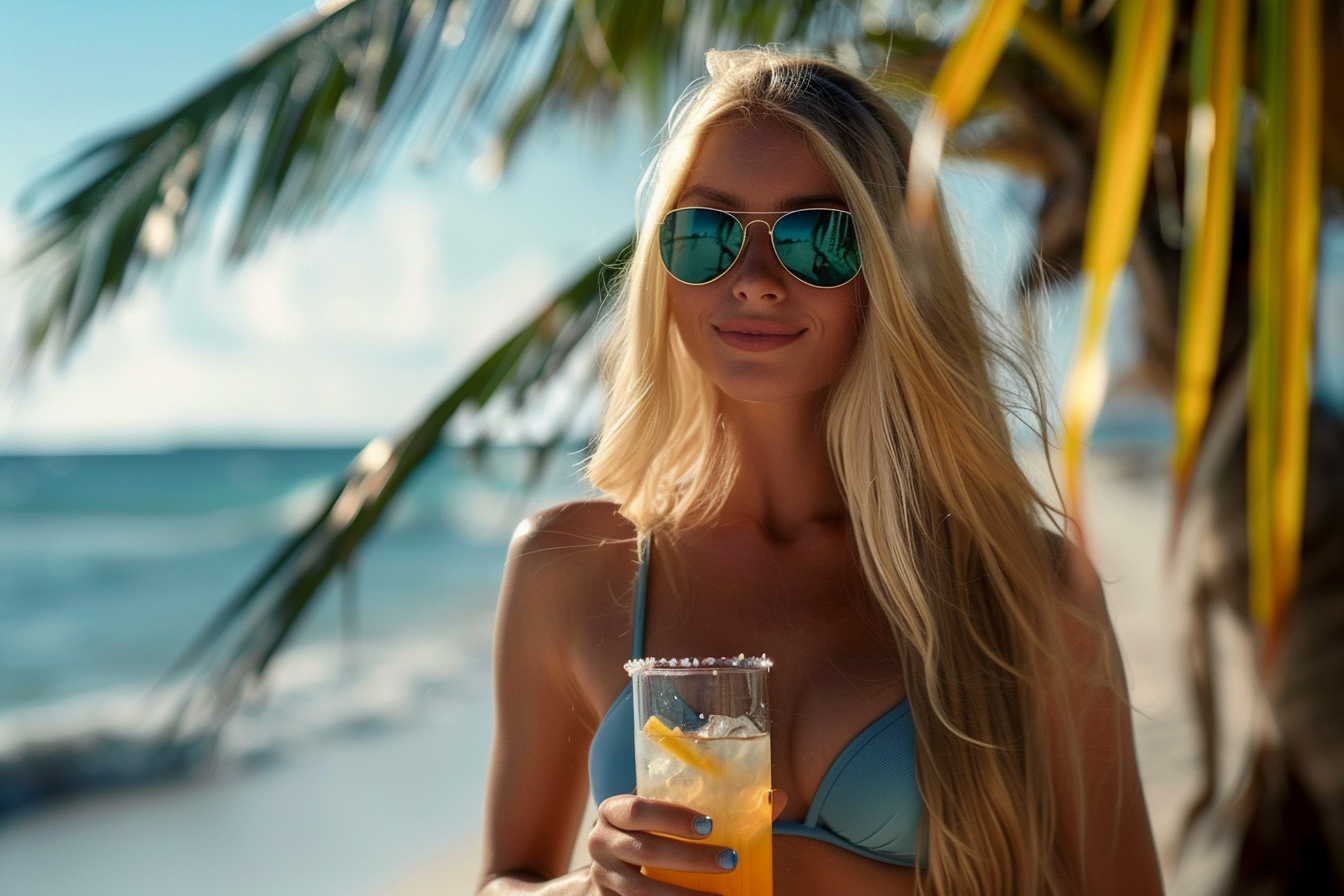 Image gratuite Jeune femme buvant un cocktail tropical sur la plage 6