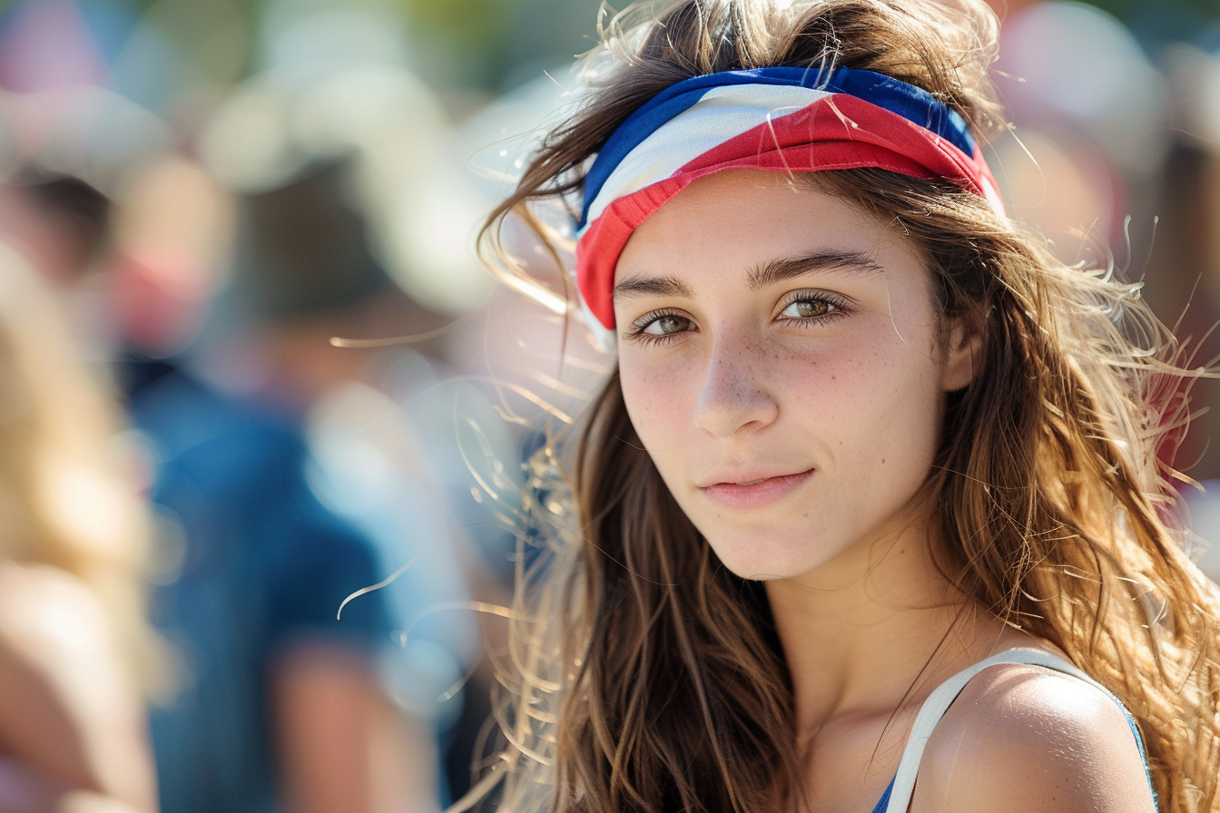 Image gratuite Jeune femme célébrant le 14 juillet en France, bandeau tricolore 1