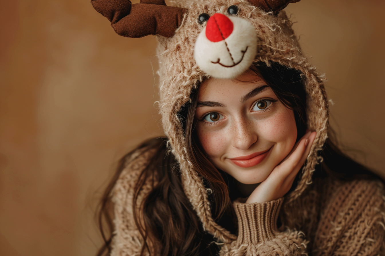 Image gratuite Jeune femme costume de renne sur fond brun 1