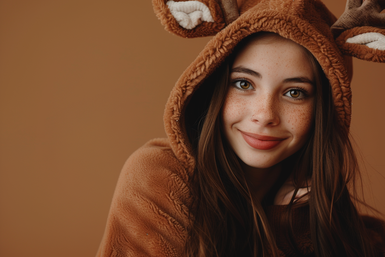 Image gratuite Jeune femme costume de renne sur fond brun 2