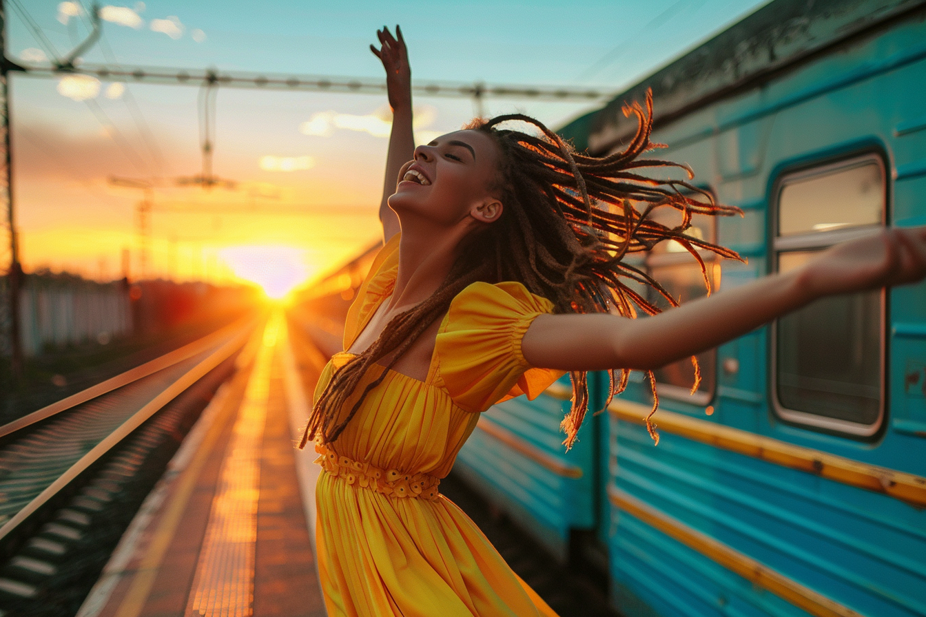 Image gratuite Jeune femme dansant à la gare au coucher du soleil 1