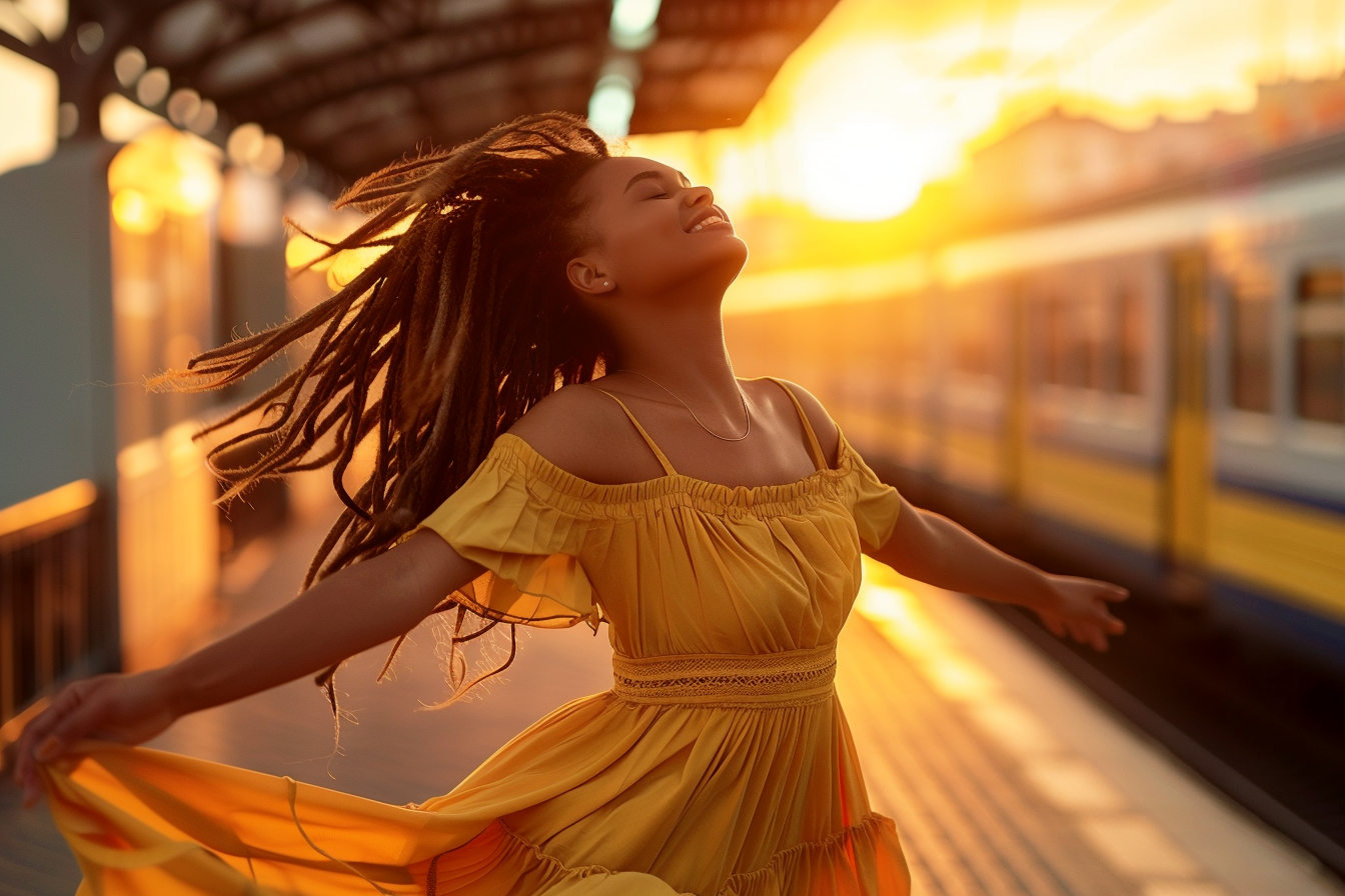 Image gratuite Jeune femme dansant à la gare au coucher du soleil 2
