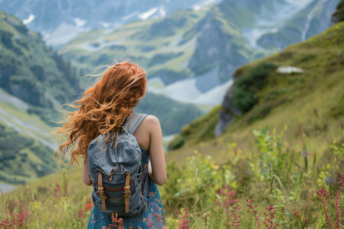 Image gratuite Jeune femme debout dans une prairie de montagne 1