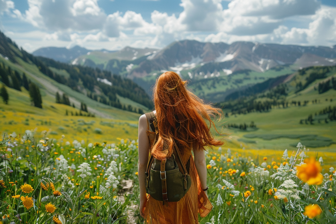 Image gratuite Jeune femme debout dans une prairie de montagne 2