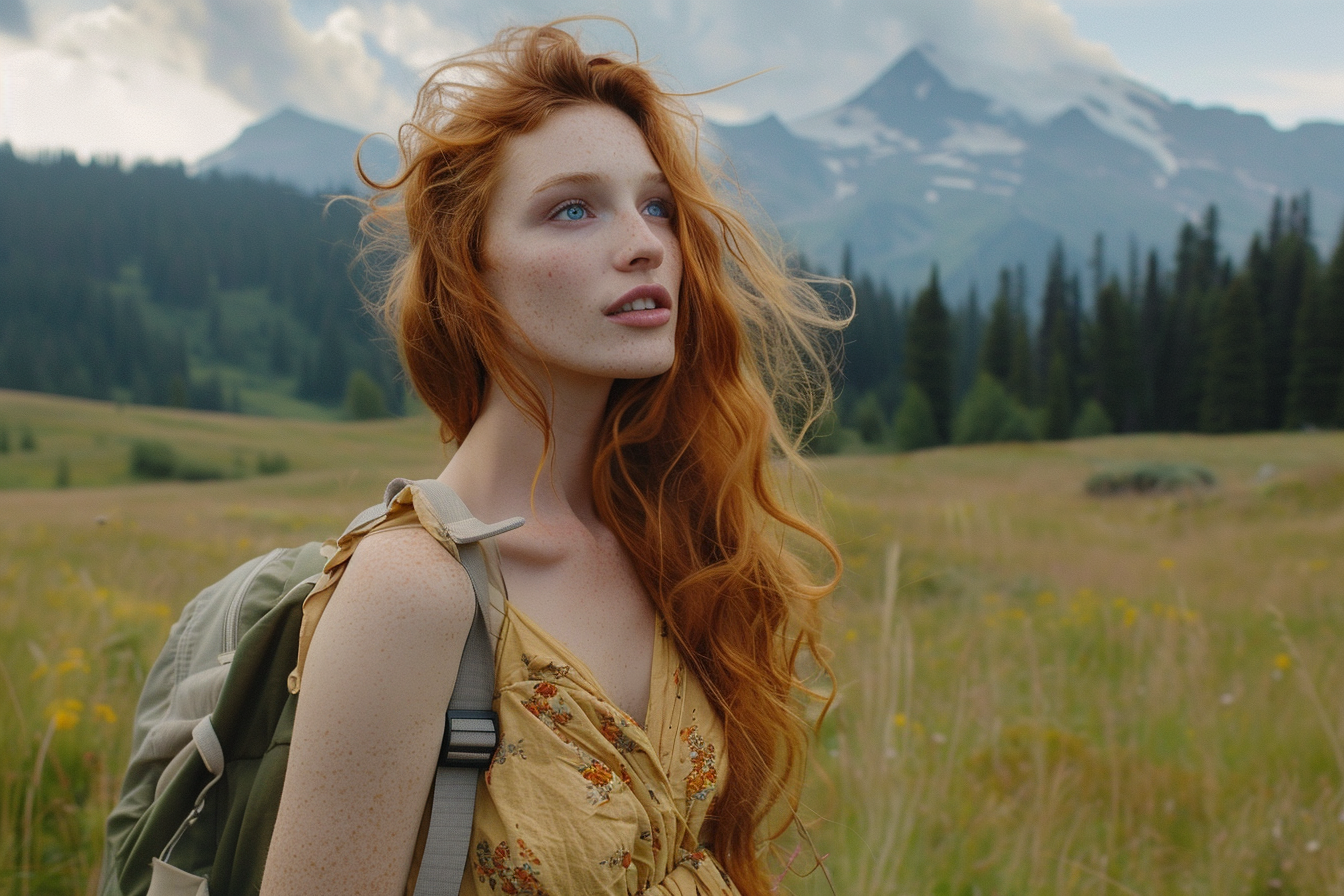 Image gratuite Jeune femme debout dans une prairie de montagne 3