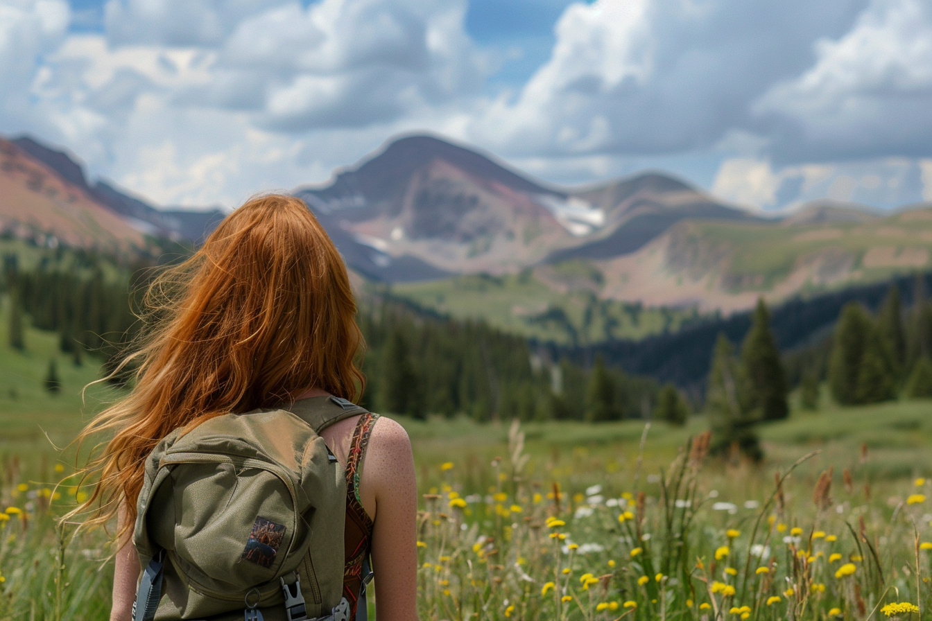 Image gratuite Jeune femme debout dans une prairie de montagne 4