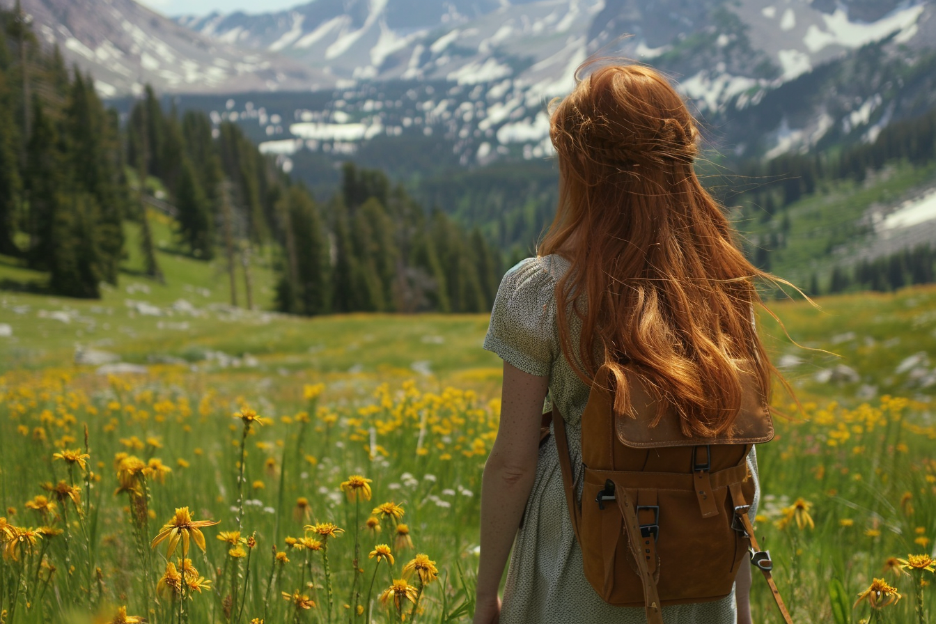 Image gratuite Jeune femme debout dans une prairie de montagne 5