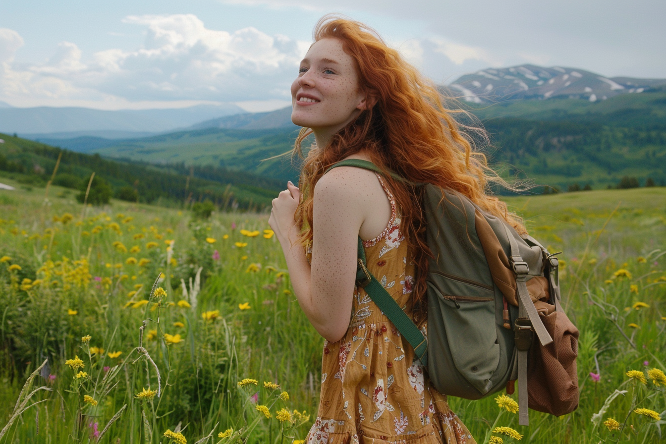 Image gratuite Jeune femme debout dans une prairie de montagne 7