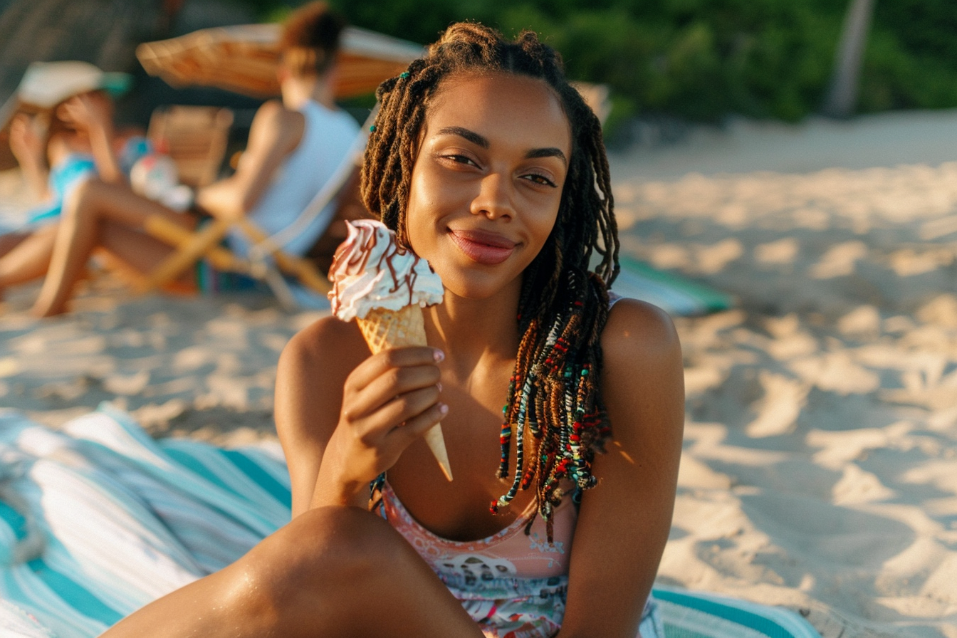 Image gratuite Jeune femme mangeant une coupe de glace sur une couverture de plage 1