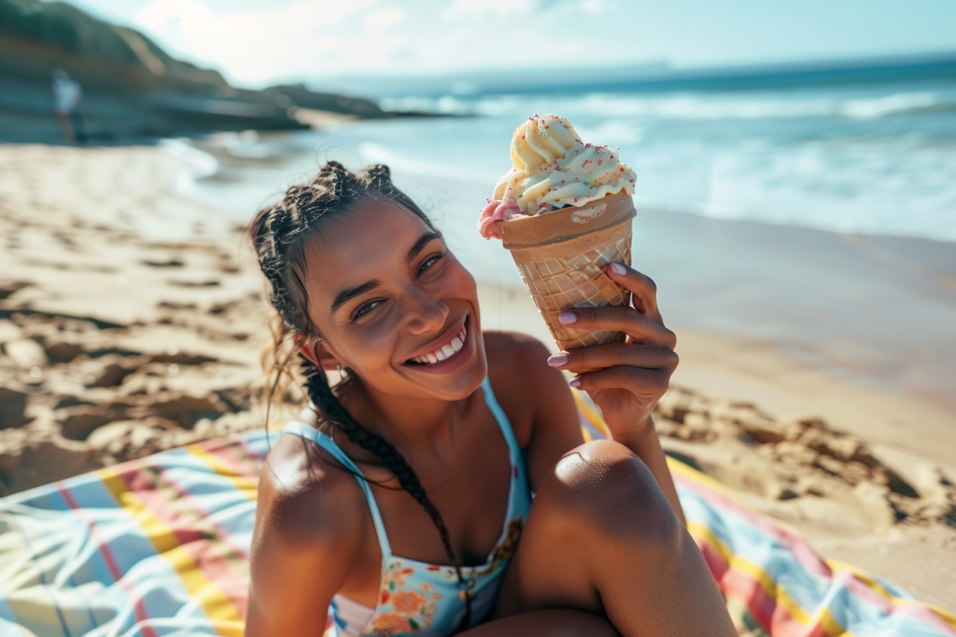 Image gratuite Jeune femme mangeant une coupe de glace sur une couverture de plage 2