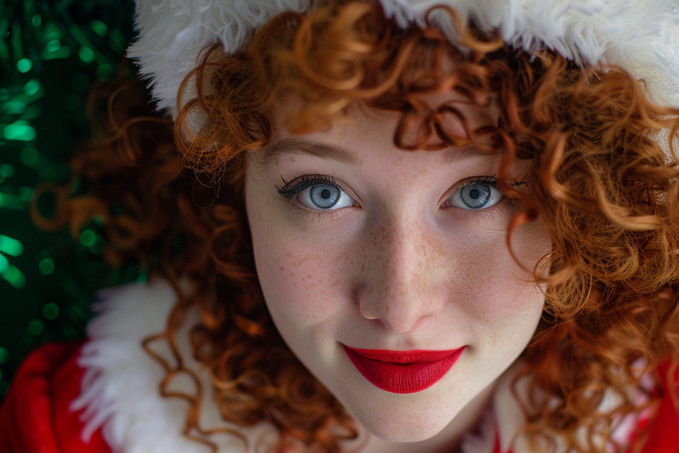 Image gratuite Jeune femme Mère Noël sur fond vert festif 1