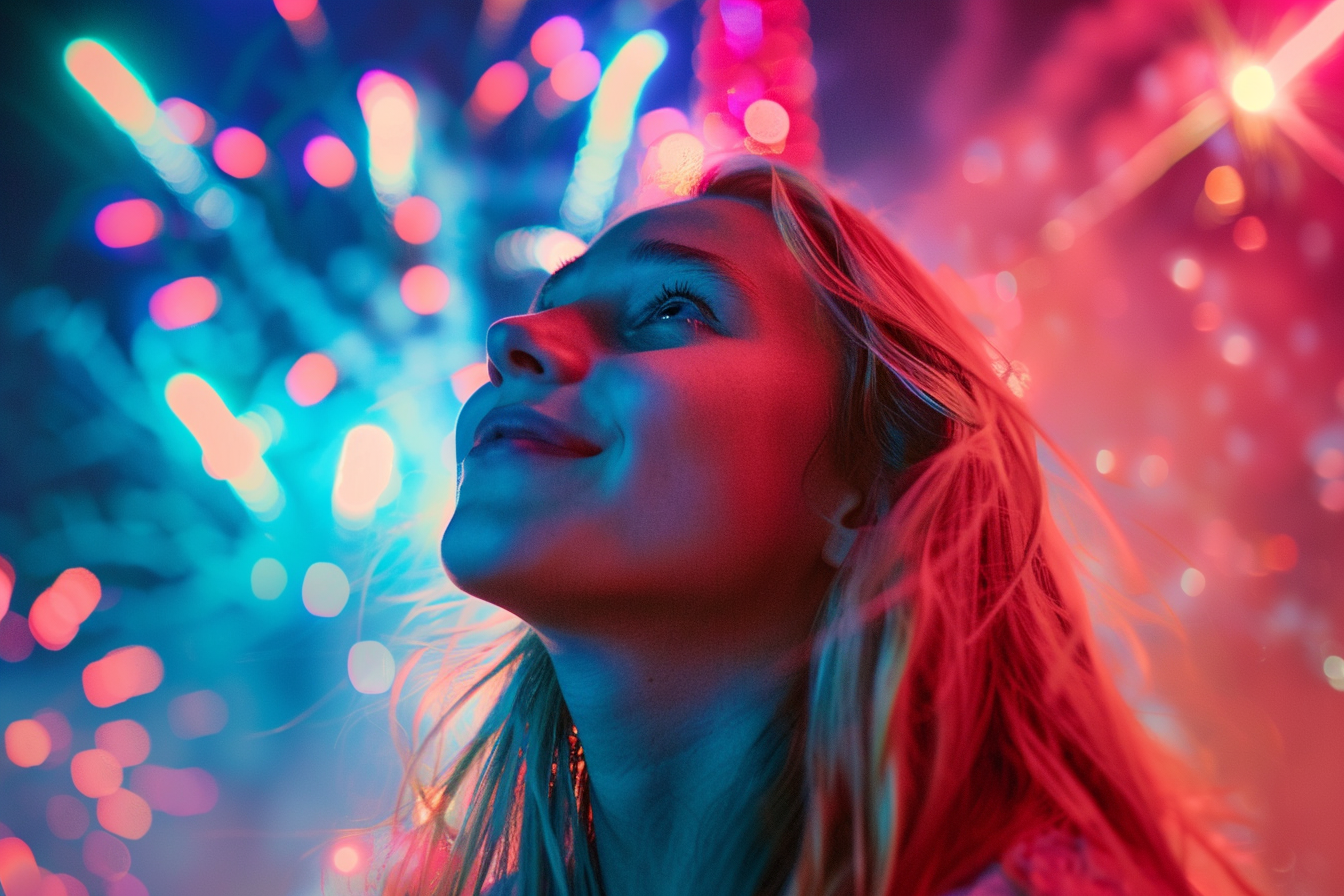 Image gratuite Jeune femme profitant du feu d&rsquo;artifice du 14 juillet 2