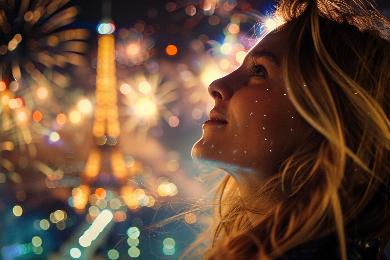 Image gratuite Jeune femme profitant du feu d&rsquo;artifice du 14 juillet 5