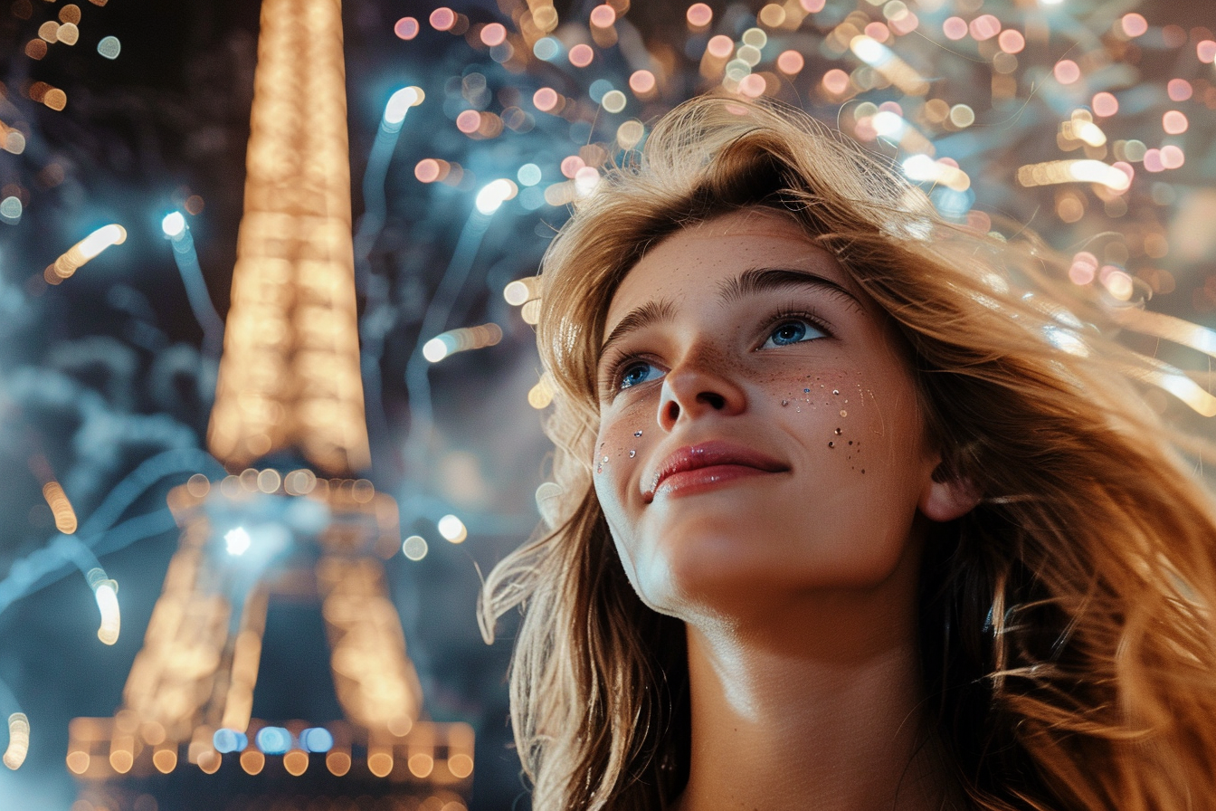 Image gratuite Jeune femme profitant du feu d&rsquo;artifice du 14 juillet 7