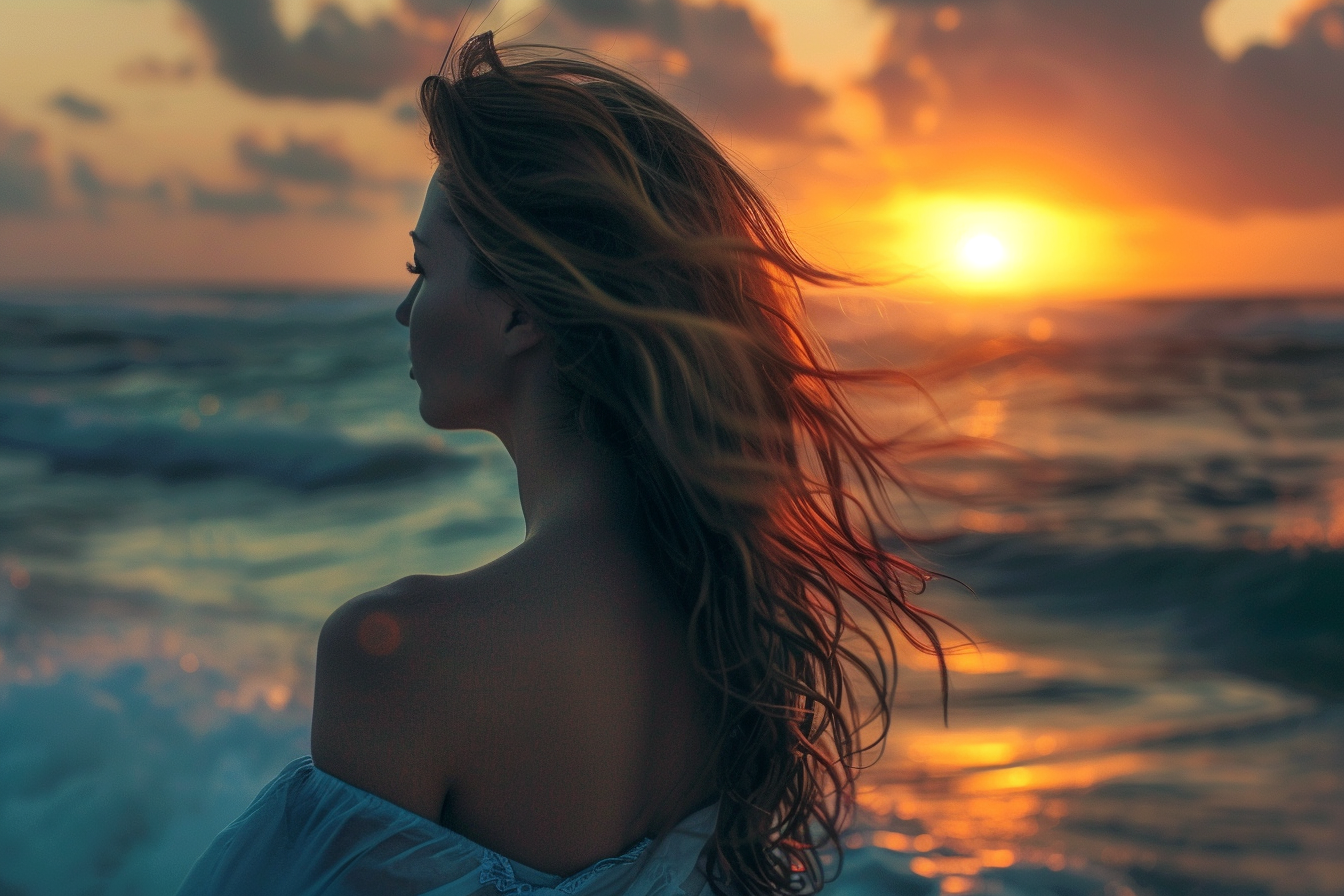 Image gratuite Jeune femme regardant le coucher du soleil sur l&rsquo;océan 10