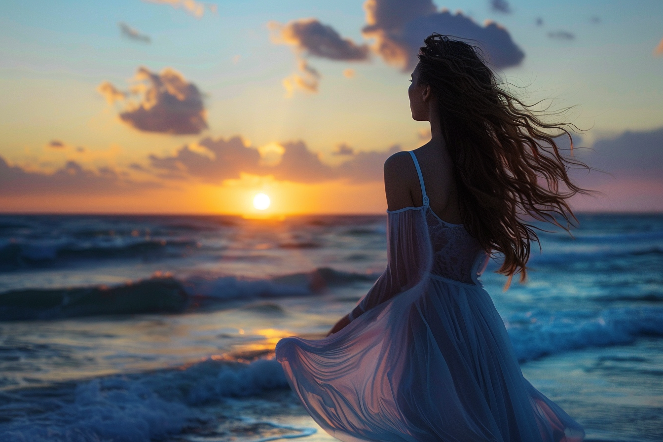 Image gratuite Jeune femme regardant le coucher du soleil sur l&rsquo;océan 11