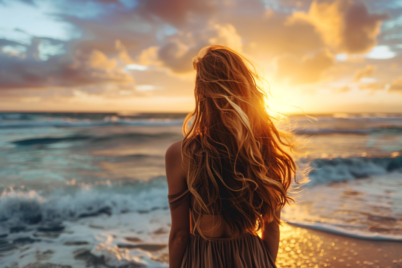 Image gratuite Jeune femme regardant le coucher du soleil sur l&rsquo;océan 2