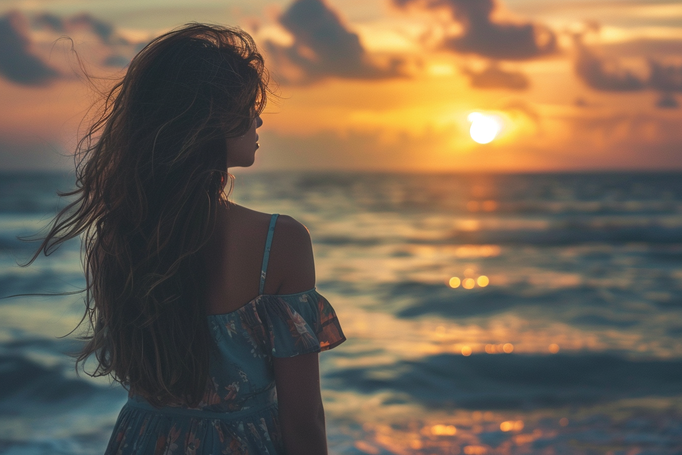 Image gratuite Jeune femme regardant le coucher du soleil sur l&rsquo;océan 3