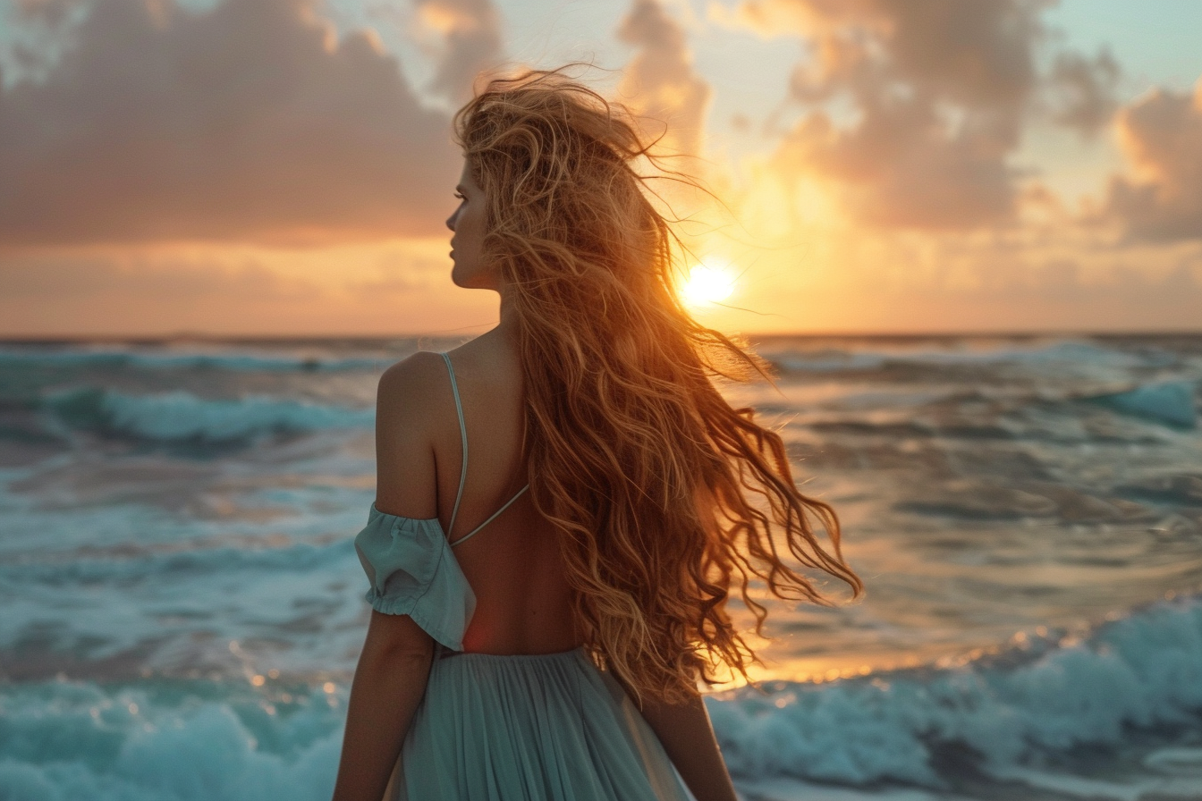 Image gratuite Jeune femme regardant le coucher du soleil sur l&rsquo;océan 4