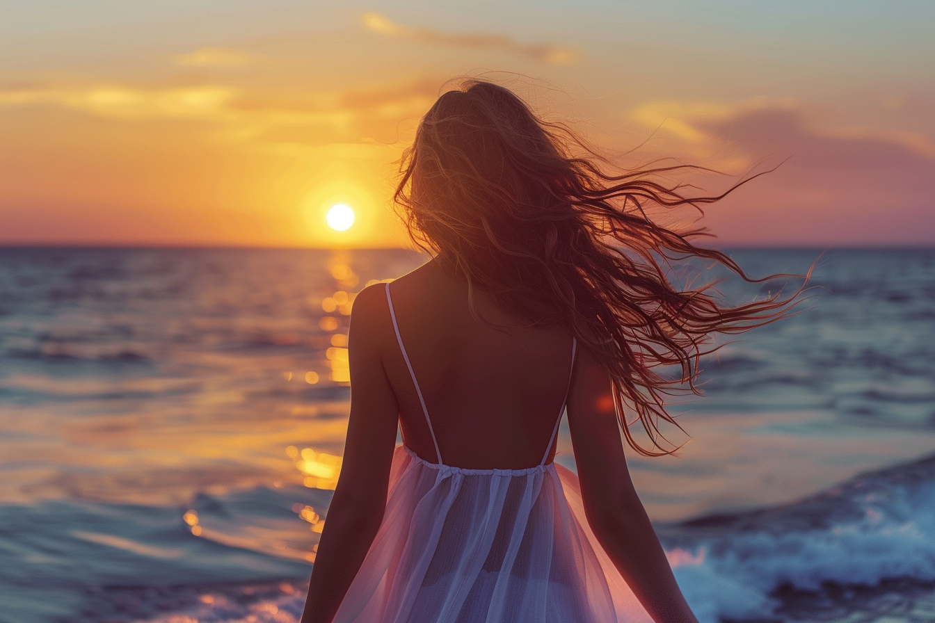 Image gratuite Jeune femme regardant le coucher du soleil sur l&rsquo;océan 5