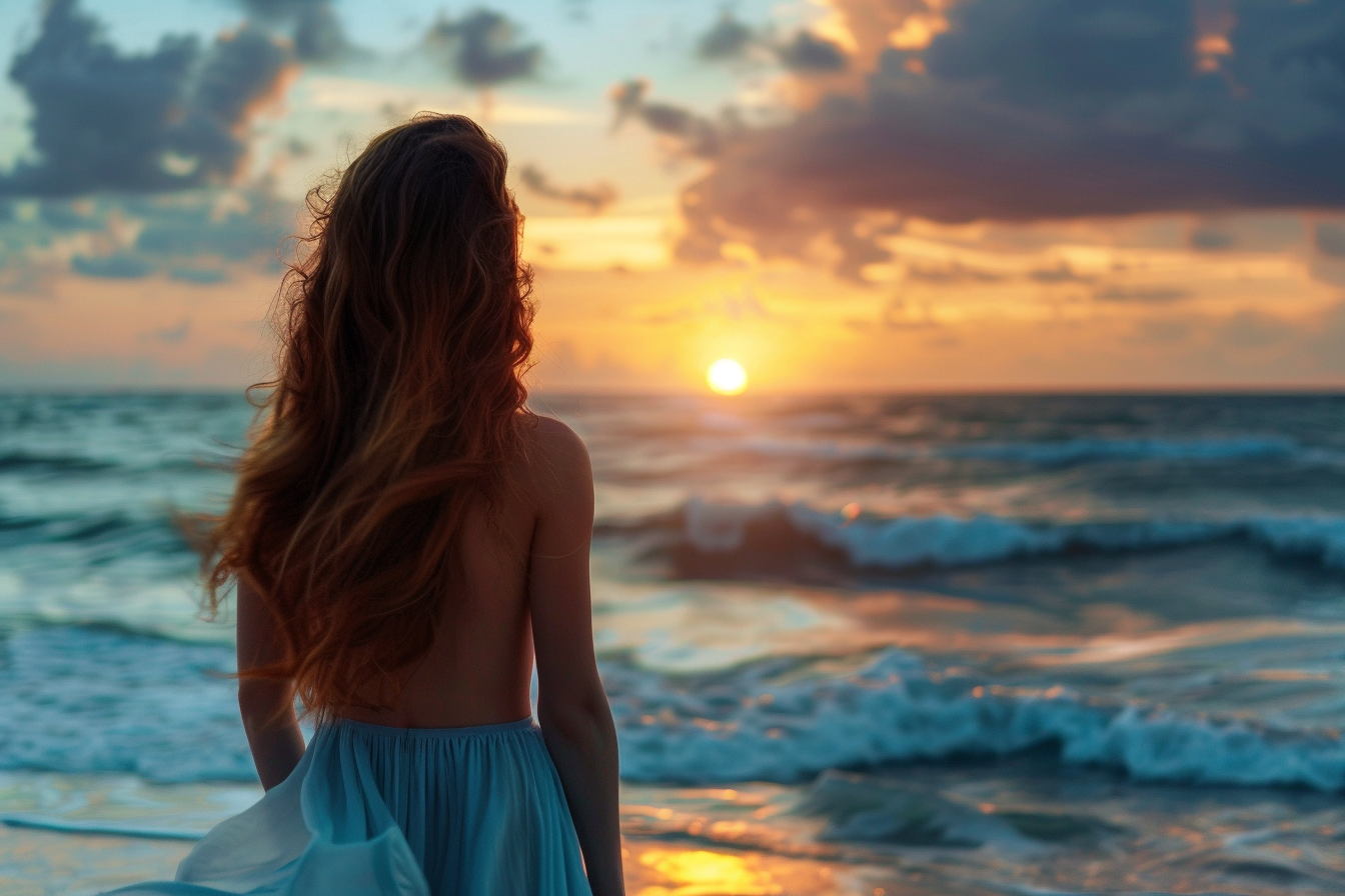 Image gratuite Jeune femme regardant le coucher du soleil sur l&rsquo;océan 7