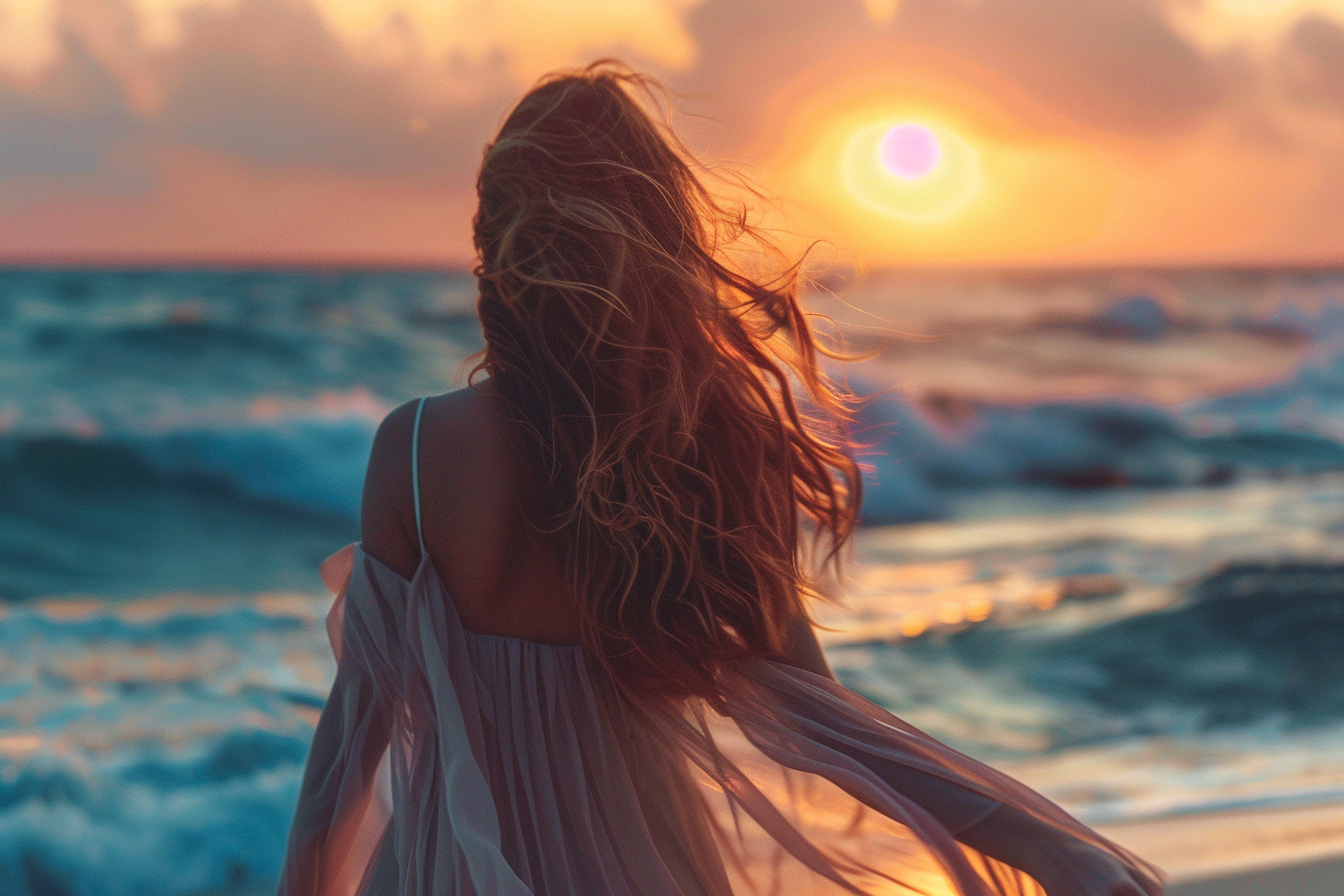 Image gratuite Jeune femme regardant le coucher du soleil sur l&rsquo;océan 8