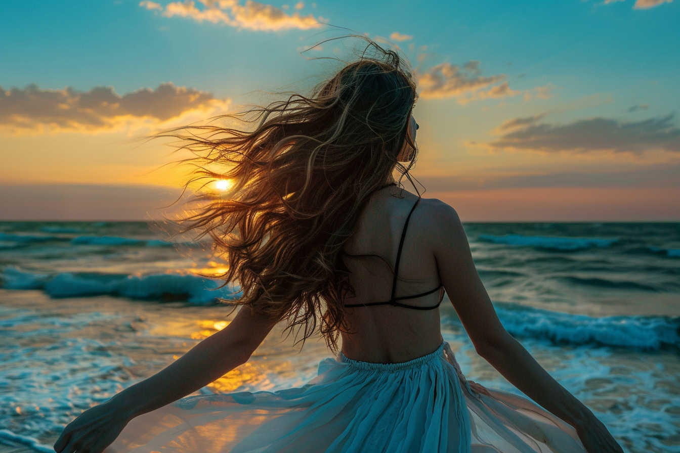 Image gratuite Jeune femme regardant le coucher du soleil sur l&rsquo;océan 9