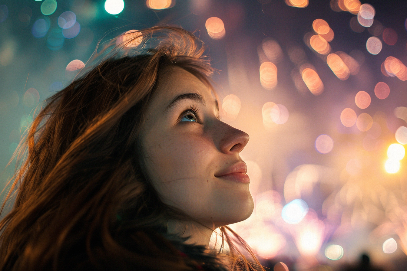 Image gratuite Jeune femme s&rsquo;émerveillant devant les feux d&rsquo;artifice du 14 juillet 1