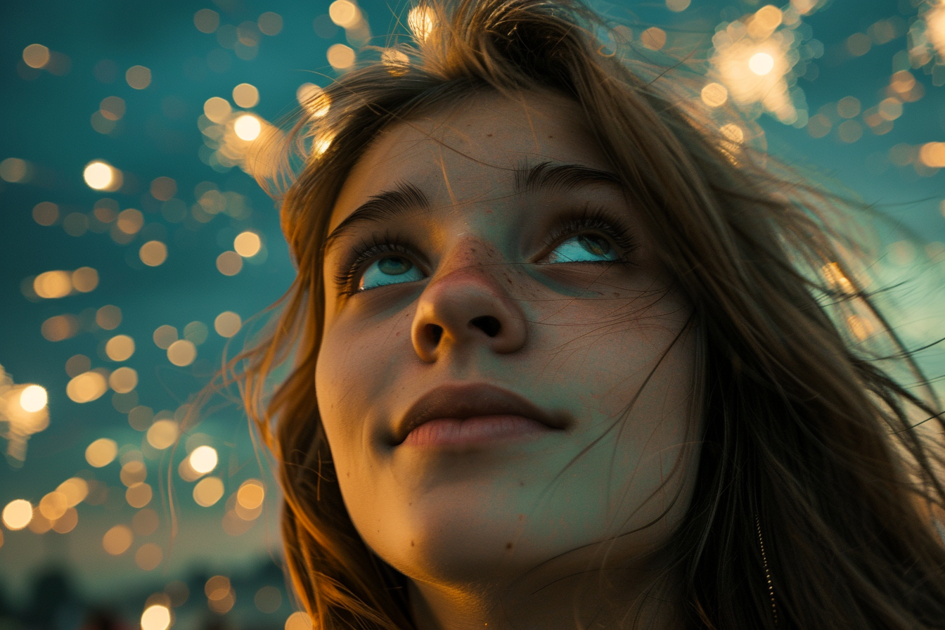 Image gratuite Jeune femme s&rsquo;émerveillant devant les feux d&rsquo;artifice du 14 juillet 2