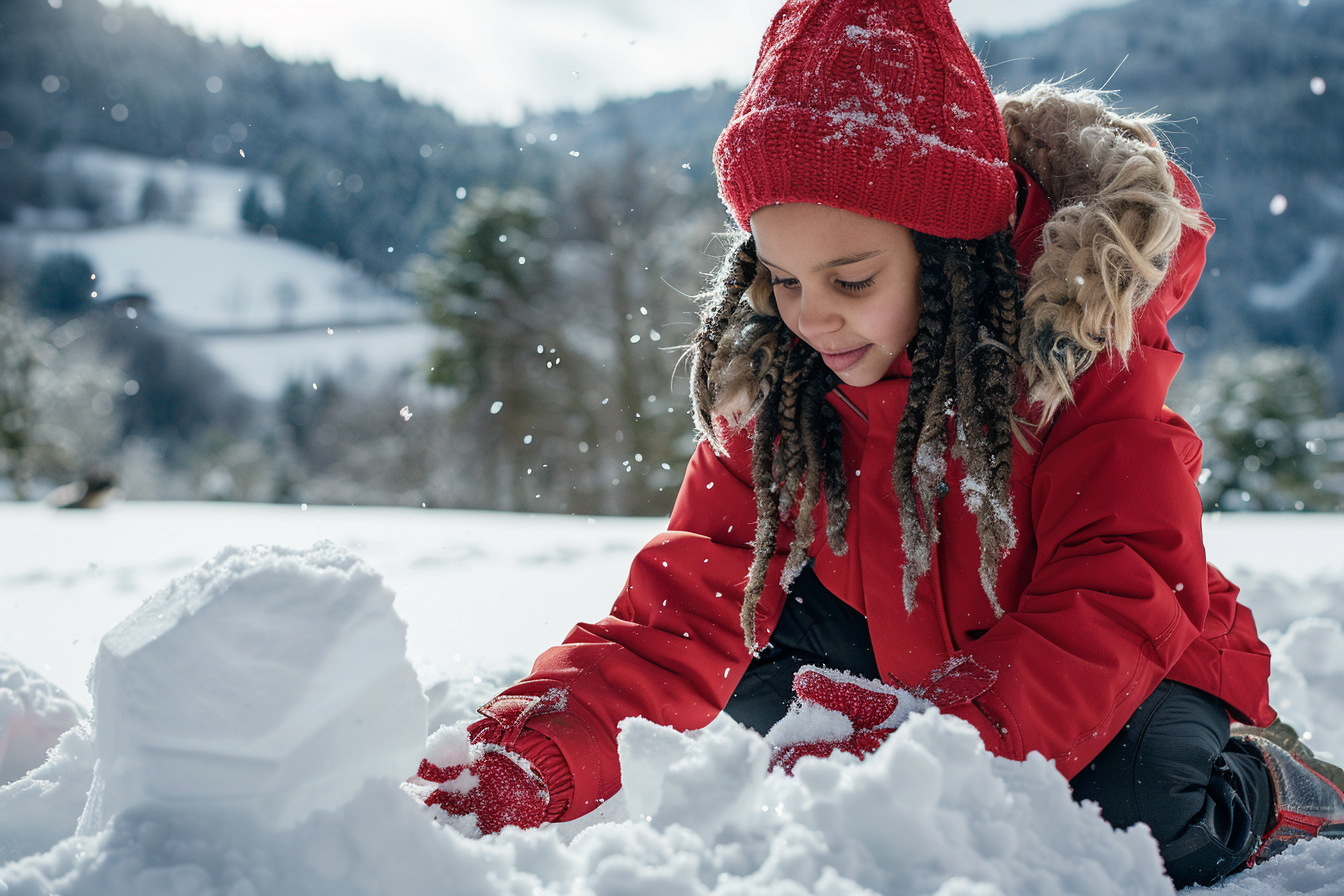 Image gratuite Jeune fille construisant un fort de neige en montagne 1