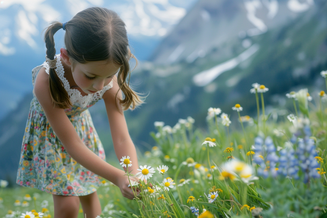 Image gratuite Jeune fille cueillant des fleurs en montagne 1