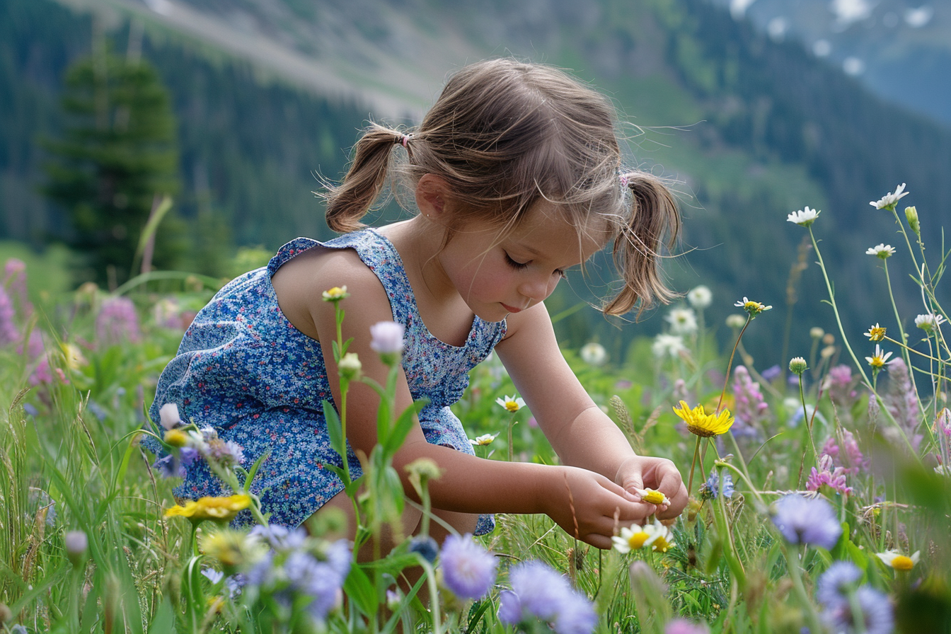 Image gratuite Jeune fille cueillant des fleurs en montagne 2