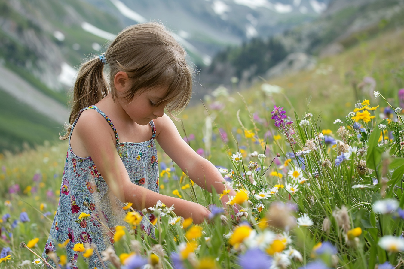 Image gratuite Jeune fille cueillant des fleurs en montagne 3