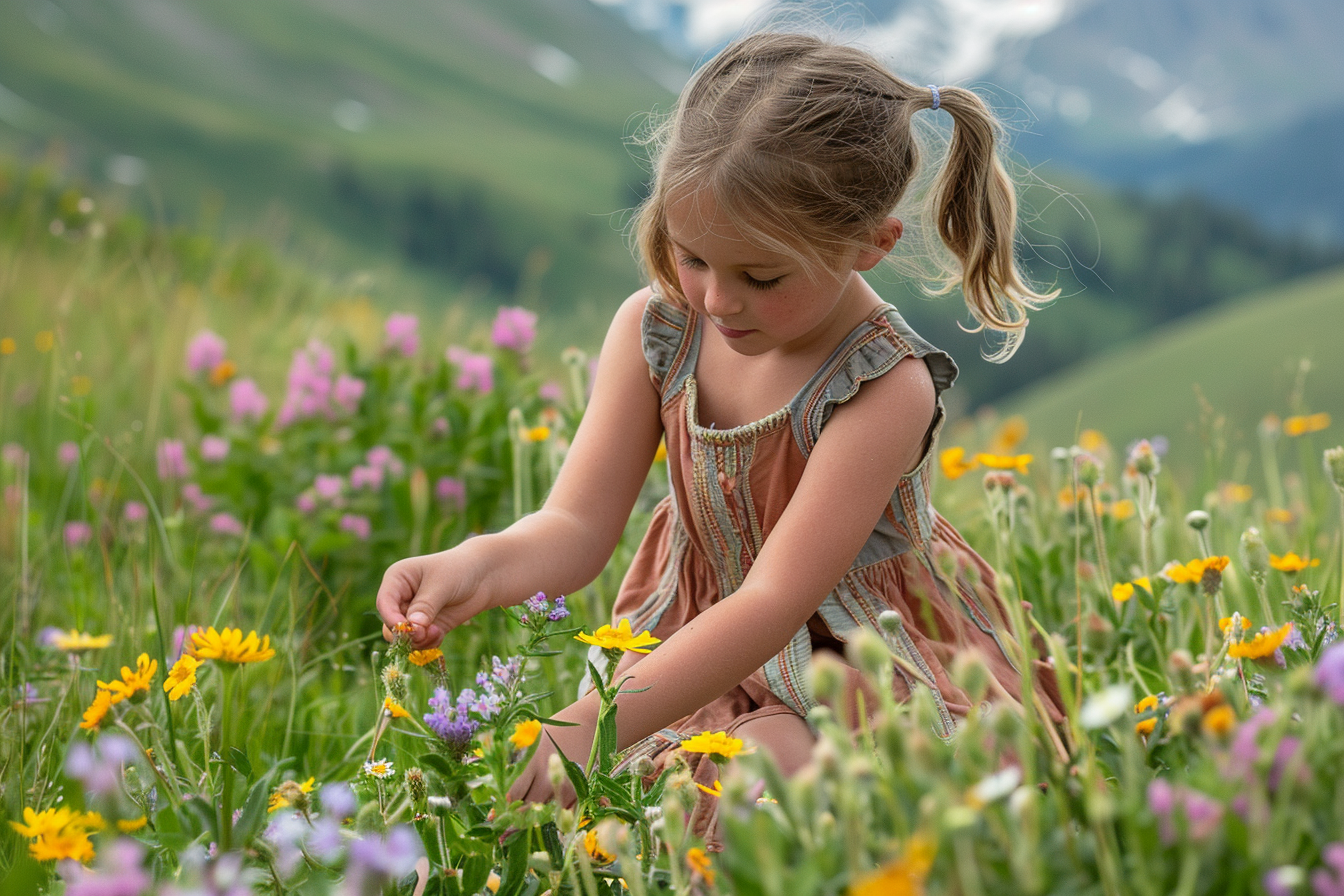 Image gratuite Jeune fille cueillant des fleurs en montagne 4