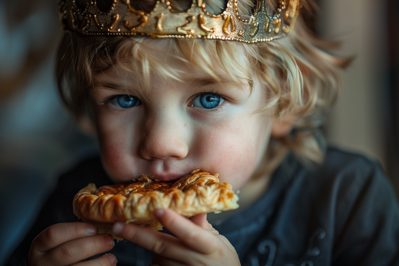Image gratuite Jeune garçon aux cheveux blonds savoure Galette des Rois 1