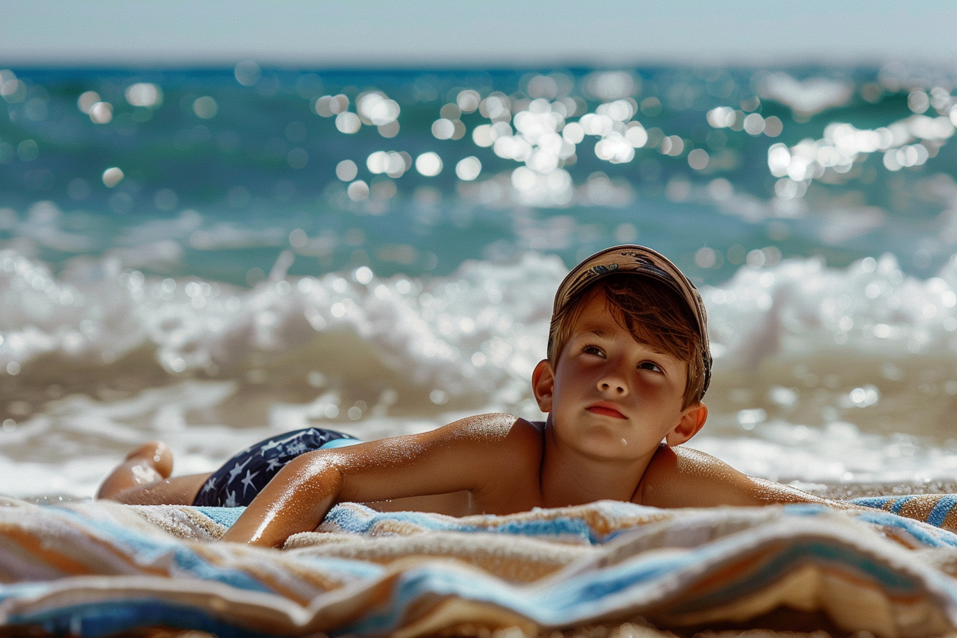 Image gratuite Jeune garçon bronzant sur une serviette de plage près des vagues 1