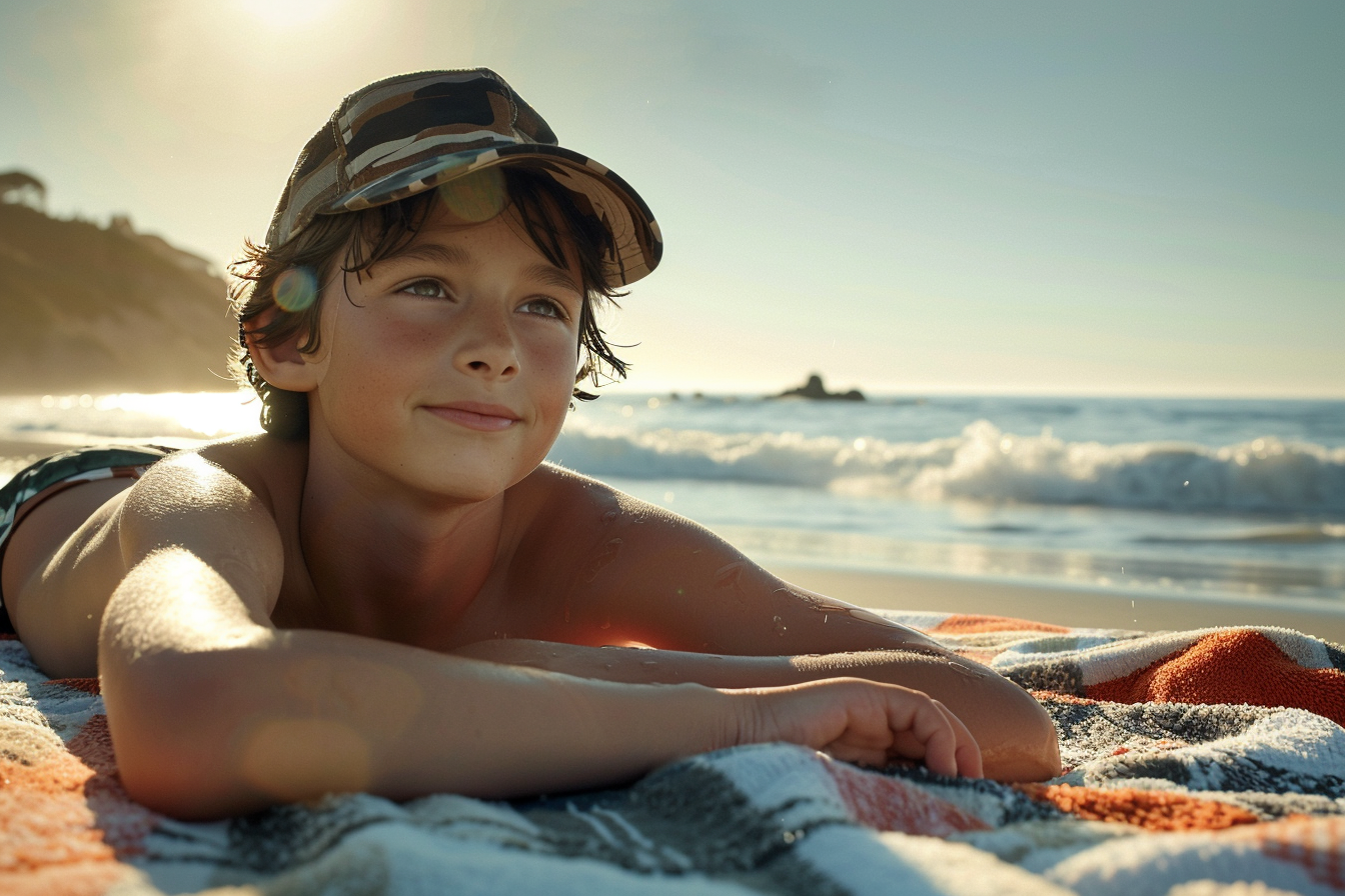 Image gratuite Jeune garçon bronzant sur une serviette de plage près des vagues 4