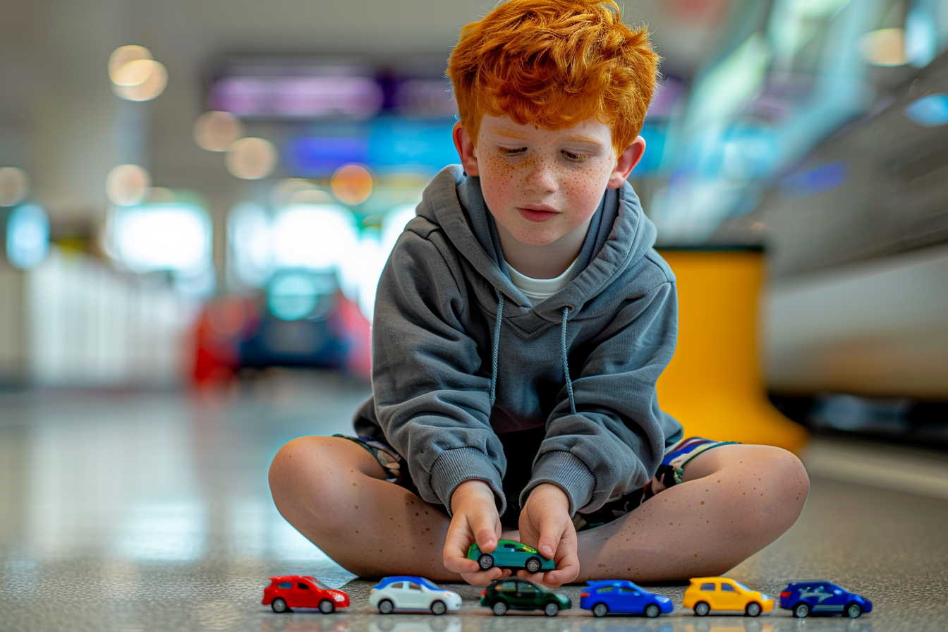 Image gratuite Jeune garçon jouant avec des voitures miniatures à la gare 1