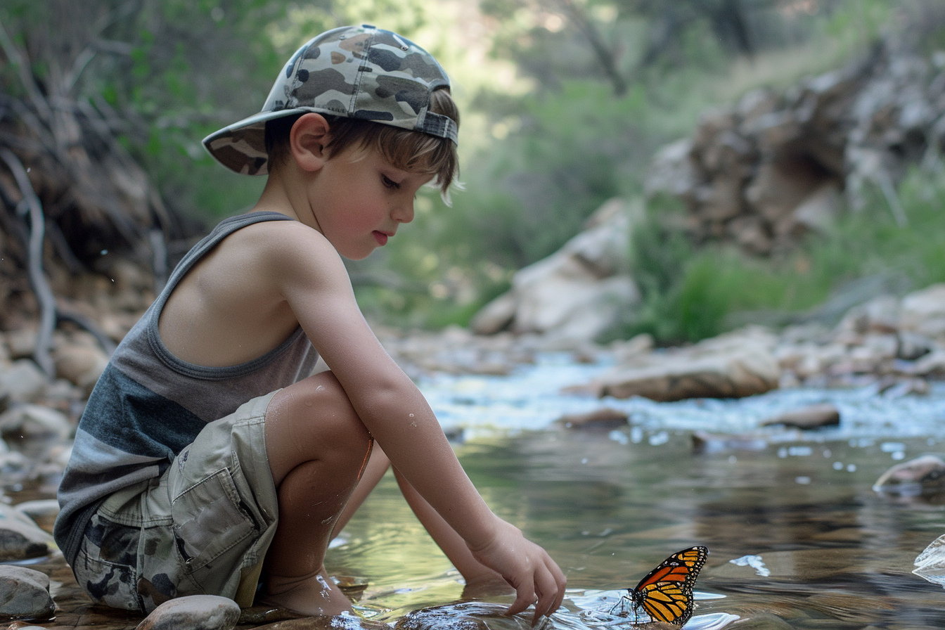Image gratuite Jeune garçon jouant près d&rsquo;un ruisseau de montagne 3
