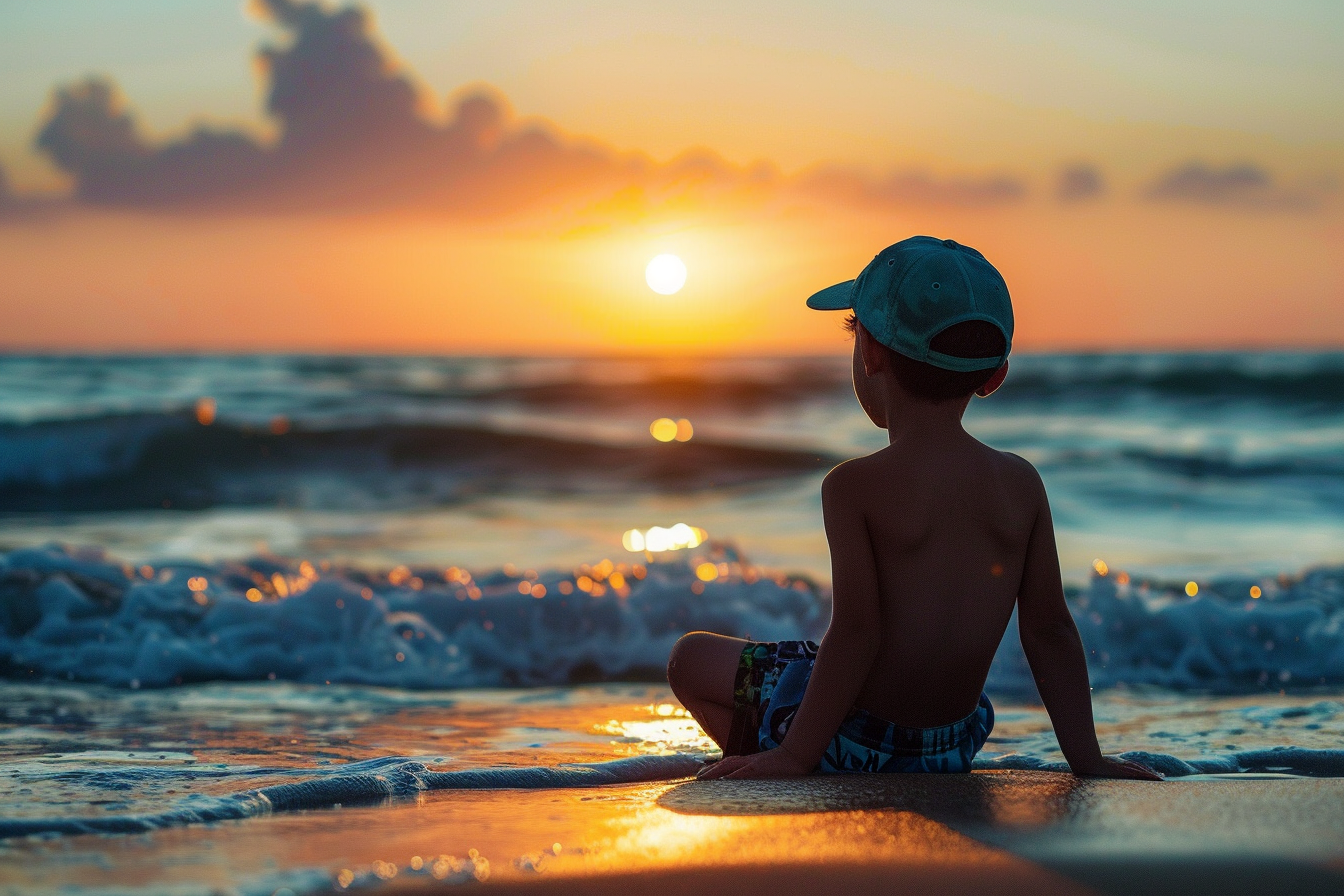 Image gratuite Jeune garçon regardant le coucher du soleil sur les vagues 1