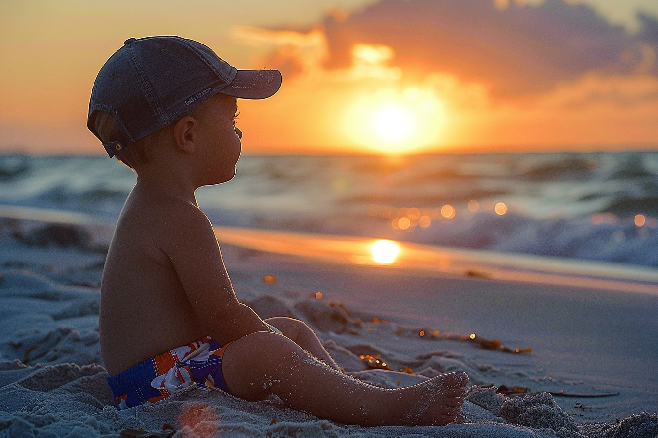 Image gratuite Jeune garçon regardant le coucher du soleil sur les vagues 2